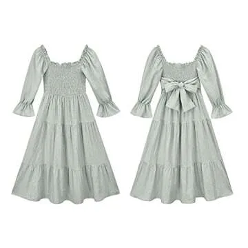 UIMLK Women's Puff Sleeve Smocked Gingham Off The Shoulder Back Bow Tie Flowy Cottagecore Bohemian Ruffle Midi Dress,Green-XL