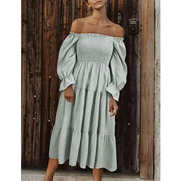UIMLK Women's Puff Sleeve Smocked Gingham Off The Shoulder Back Bow Tie Flowy Cottagecore Bohemian Ruffle Midi Dress,Green-XL