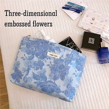STARDW Floral Cosmetic Bags Makeup Bags for Women and Girls,Travel Makeup Bag Large Aesthetic Makeup Bag,Makeup Organizer Bag Zipper Pouch (Embossed Flowers)