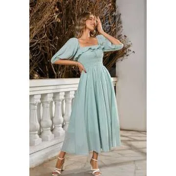 R.Vivimos Women Summer Half Sleeve Cotton Ruffled Vintage Elegant Backless A Line Flowy Long Dresses (Small, Green#1)