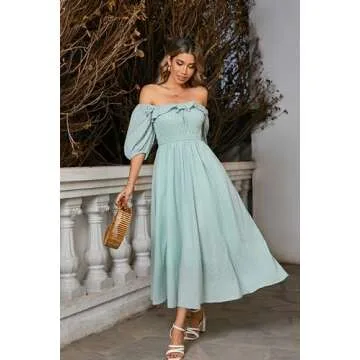 R.Vivimos Women Summer Half Sleeve Cotton Ruffled Vintage Elegant Backless A Line Flowy Long Dresses (Small, Green#1)
