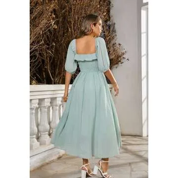 R.Vivimos Women Summer Half Sleeve Cotton Ruffled Vintage Elegant Backless A Line Flowy Long Dresses (Small, Green#1)