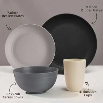 Gudvilla Wheat Straw Dinnerware Sets, 32Pcs Plastic Plates and Bowls Sets for 8, Unbreakable Reusabl...