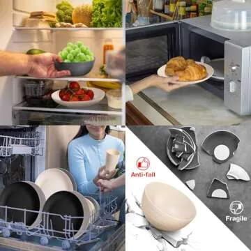 Gudvilla Wheat Straw Dinnerware Sets, 32Pcs Plastic Plates and Bowls Sets for 8, Unbreakable Reusable Wheat Straw Bowls Plates Cups Dishes Set, Dishwasher Microwave Safe, for RV Kitchen Camping