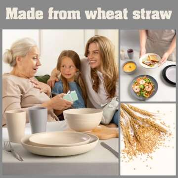 Gudvilla Wheat Straw Dinnerware Sets, 32Pcs Plastic Plates and Bowls Sets for 8, Unbreakable Reusable Wheat Straw Bowls Plates Cups Dishes Set, Dishwasher Microwave Safe, for RV Kitchen Camping