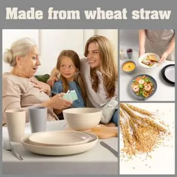 Gudvilla Wheat Straw Dinnerware Sets, 32Pcs Plastic Plates and Bowls Sets for 8, Unbreakable Reusable Wheat Straw Bowls Plates Cups Dishes Set, Dishwasher Microwave Safe, for RV Kitchen Camping