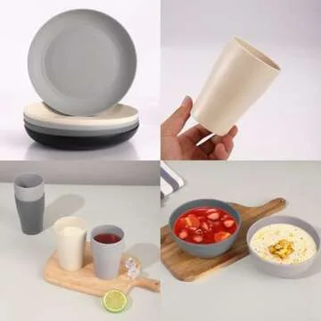 Gudvilla Wheat Straw Dinnerware Sets, 32Pcs Plastic Plates and Bowls Sets for 8, Unbreakable Reusable Wheat Straw Bowls Plates Cups Dishes Set, Dishwasher Microwave Safe, for RV Kitchen Camping