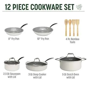 Goodful Ceramic Nonstick Pots and Pans Set, Titanium-Reinforced Premium Nonstick Coating, Dishwasher Safe Pots and Pans, Tempered Glass Steam Vented Lids, Stainless Steel Handles, 12-Piece, Cream