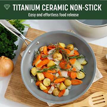 Goodful Ceramic Nonstick Pots and Pans Set, Titanium-Reinforced Premium Nonstick Coating, Dishwasher Safe Pots and Pans, Tempered Glass Steam Vented Lids, Stainless Steel Handles, 12-Piece, Cream