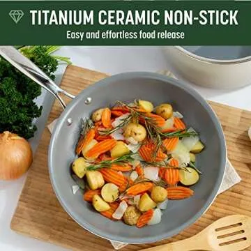 Goodful Ceramic Nonstick Pots and Pans Set, Titanium-Reinforced Premium Nonstick Coating, Dishwasher Safe Pots and Pans, Tempered Glass Steam Vented Lids, Stainless Steel Handles, 12-Piece, Cream