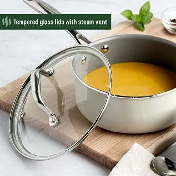 Goodful Ceramic Nonstick Pots and Pans Set, Titanium-Reinforced Premium Nonstick Coating, Dishwasher Safe Pots and Pans, Tempered Glass Steam Vented Lids, Stainless Steel Handles, 12-Piece, Cream