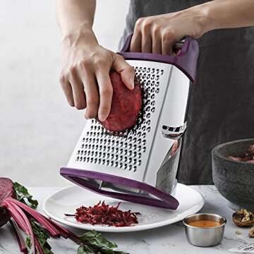 Spring Chef Purple Professional Stainless Steel XL Parmesan Cheese Grater with Handle - Manual Box Grater for Kitchen, 4 Sides, Dishwasher Safe Food Shredder for Vegetable, Potato, Hard Cheese, Carrot