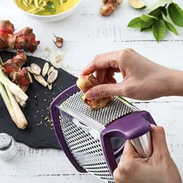 Spring Chef Purple Professional Stainless Steel XL Parmesan Cheese Grater with Handle - Manual Box Grater for Kitchen, 4 Sides, Dishwasher Safe Food Shredder for Vegetable, Potato, Hard Cheese, Carrot