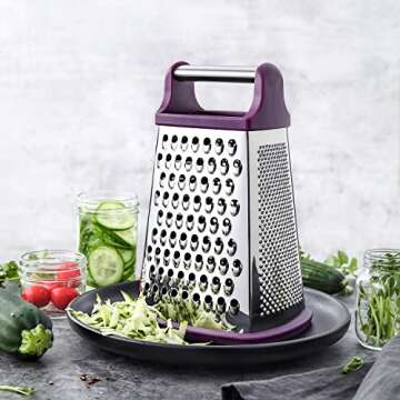 Spring Chef Purple Professional Stainless Steel XL Parmesan Cheese Grater with Handle - Manual Box Grater for Kitchen, 4 Sides, Dishwasher Safe Food Shredder for Vegetable, Potato, Hard Cheese, Carrot