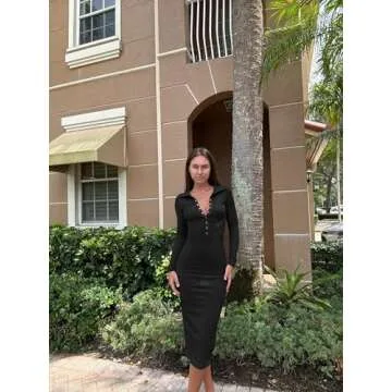 OQQ Women's Long Sleeve Maxi Dress Ribbed Back Slit Button Down Bodycon Soft Going Out Elegant Party Dresses Black