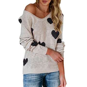 Tutorutor Women’s Sexy V Neck Drop Shoulder Pullover Sweater | Oversized Heart Print Knitted Jumpe...