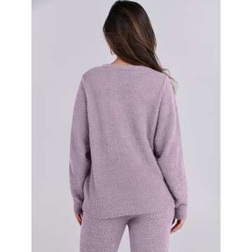 ANRABESS Women's Fuzzy Fleece Pajama Sets 2 Piece Outfits Long Sleeve Top Wide Leg Pants Lounge Matching Set 2024 Fall Winter Purple Medium