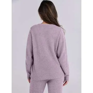 ANRABESS Women's Fuzzy Fleece Pajama Sets 2 Piece Outfits Long Sleeve Top Wide Leg Pants Lounge Matching Set 2024 Fall Winter Purple Medium