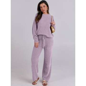 ANRABESS Women's Fuzzy Fleece Pajama Sets 2 Piece Outfits Long Sleeve Top Wide Leg Pants Lounge Matching Set 2024 Fall Winter Purple Medium