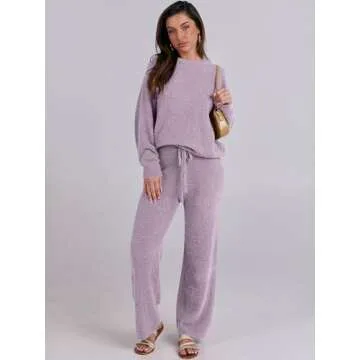 ANRABESS Women's Fuzzy Fleece Pajama Sets 2 Piece Outfits Long Sleeve Top Wide Leg Pants Lounge Matching Set 2024 Fall Winter Purple Medium