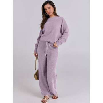 ANRABESS Women's Fuzzy Fleece Pajama Sets 2 Piece Outfits Long Sleeve Top Wide Leg Pants Lounge Matching Set 2024 Fall Winter Purple Medium
