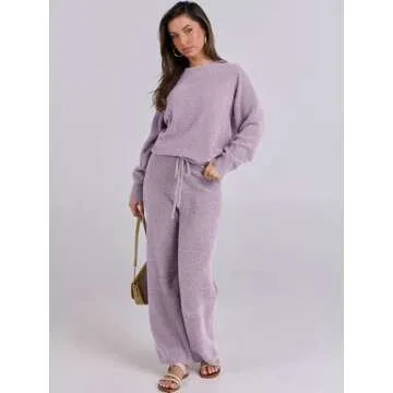 ANRABESS Women's Fuzzy Fleece Pajama Sets 2 Piece Outfits Long Sleeve Top Wide Leg Pants Lounge Matching Set 2024 Fall Winter Purple Medium