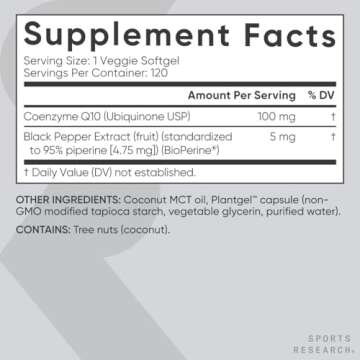 Sports Research CoQ10 (100mg) Enhanced w/Coconut Oil & Bioperine (Black Pepper) for Better Absorption | Vegan Certified, Non-GMO Verified (120 Veggie Softgels)