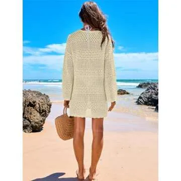 ANRABESS Women Swimsuit Crochet Swim Cover Up 2025 Summer Bathing Suit Swimwear Mesh Knit Beach Dress Vacation Outfits Beige Large