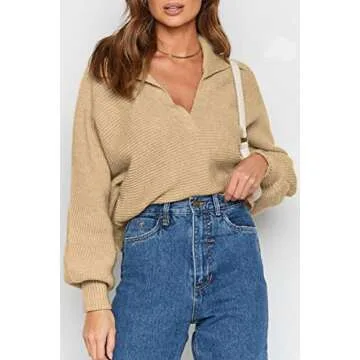 CHYRII Women Overized Puff Long Sleeve V Neck Knitted Polo Pullover Sweater Jumper Tops