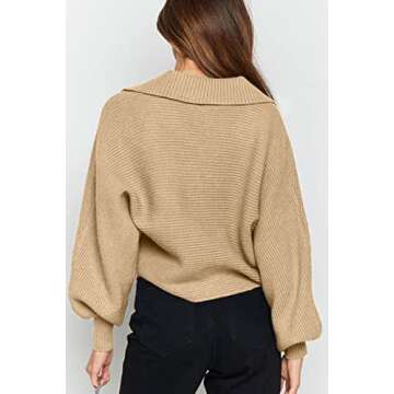 CHYRII Women Overized Puff Long Sleeve V Neck Knitted Polo Pullover Sweater Jumper Tops