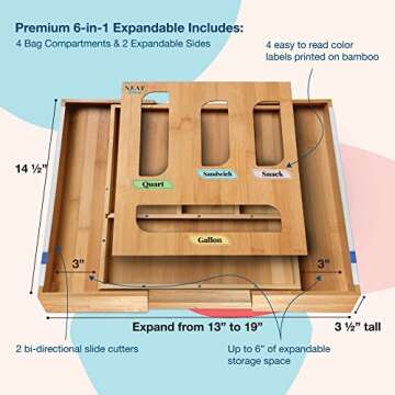 Neat Diva Bag Organizer, Foil Plastic Wrap Organizer, Plastic Bag Organizer, Bag Organizer for Drawer, Expandable Drawer Organizer, Organizer, Food Storage Bag Organizer
