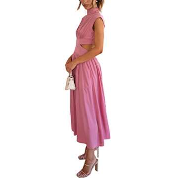 RAMOUG Women's Casual Solid High Neck Side Cut Out Brunch Long Maxi Dress L Pink