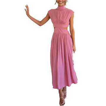 RAMOUG Women's Casual Solid High Neck Side Cut Out Brunch Long Maxi Dress L Pink
