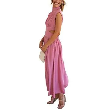 RAMOUG Women's Casual Solid High Neck Side Cut Out Brunch Long Maxi Dress L Pink