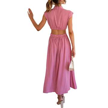 RAMOUG Women's Casual Solid High Neck Side Cut Out Brunch Long Maxi Dress L Pink