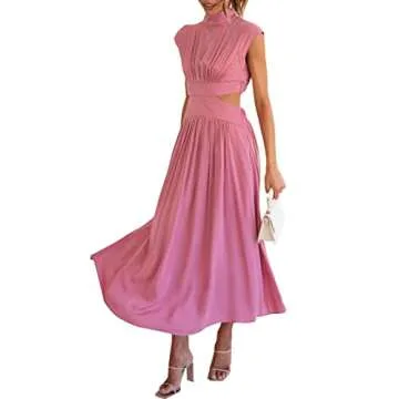 RAMOUG Women's Casual Solid High Neck Side Cut Out Brunch Long Maxi Dress L Pink