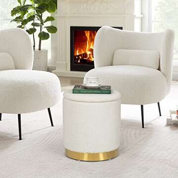 Joveco Round Storage Ottoman with Removable Lid, Boucle Small Upholstered Padded Vanity Foot Rest Stool for Living Room, Bedroom, Dorm, White