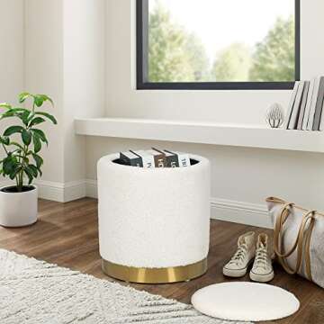 Joveco Round Storage Ottoman with Removable Lid, Boucle Small Upholstered Padded Vanity Foot Rest Stool for Living Room, Bedroom, Dorm, White