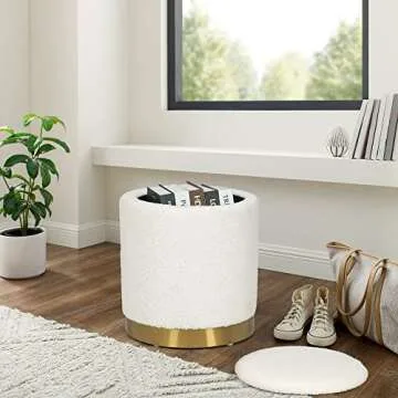 Joveco Round Storage Ottoman with Removable Lid, Boucle Small Upholstered Padded Vanity Foot Rest Stool for Living Room, Bedroom, Dorm, White