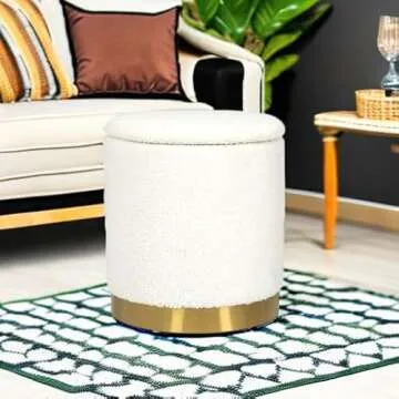 Joveco Round Storage Ottoman with Removable Lid, Boucle Small Upholstered Padded Vanity Foot Rest Stool for Living Room, Bedroom, Dorm, White