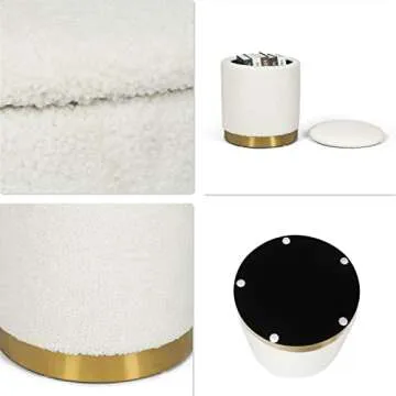 Joveco Round Storage Ottoman with Removable Lid, Boucle Small Upholstered Padded Vanity Foot Rest Stool for Living Room, Bedroom, Dorm, White
