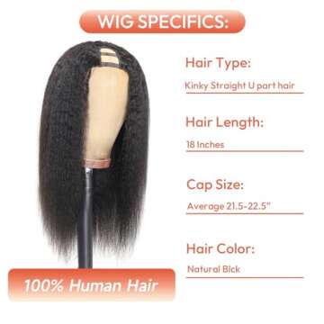 AceWig U Part Wig Kinky Straight Wigs for Black Women, 18 inch Upgraded U Shape Clip in Wigs Yaki St...
