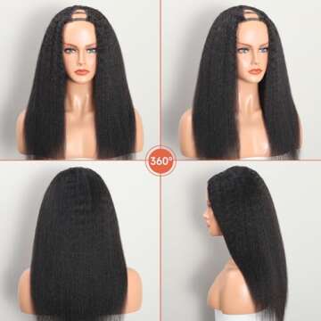 AceWig U Part Wig Kinky Straight Wigs for Black Women, 18 inch Upgraded U Shape Clip in Wigs Yaki Straight Remy Human Hair Extensions Glueless 200% Density Natural Color