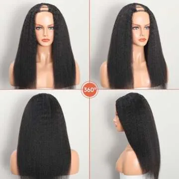 AceWig U Part Wig Kinky Straight Wigs for Black Women, 18 inch Upgraded U Shape Clip in Wigs Yaki Straight Remy Human Hair Extensions Glueless 200% Density Natural Color