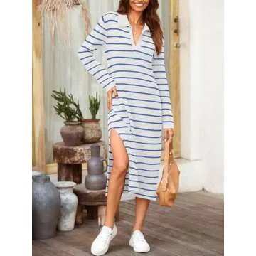 Saodimallsu Womens Striped Sweater Dress Fall Chunky Knit V Neck Collared Long Sleeve Sexy Slit Loose Midi Dresses