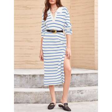 Saodimallsu Womens Striped Sweater Dress Fall Chunky Knit V Neck Collared Long Sleeve Sexy Slit Loose Midi Dresses