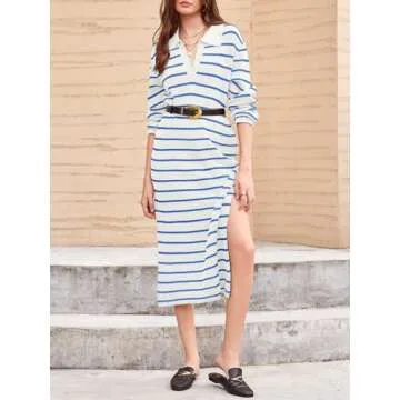 Saodimallsu Womens Striped Sweater Dress Fall Chunky Knit V Neck Collared Long Sleeve Sexy Slit Loose Midi Dresses