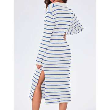 Saodimallsu Womens Striped Sweater Dress Fall Chunky Knit V Neck Collared Long Sleeve Sexy Slit Loose Midi Dresses