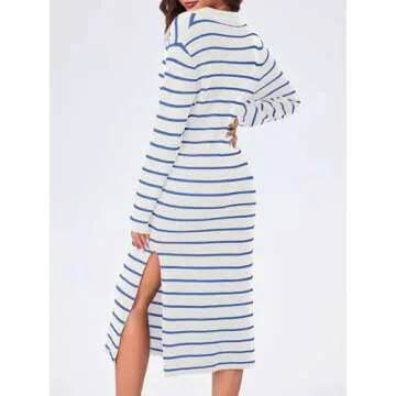 Saodimallsu Womens Striped Sweater Dress Fall Chunky Knit V Neck Collared Long Sleeve Sexy Slit Loose Midi Dresses