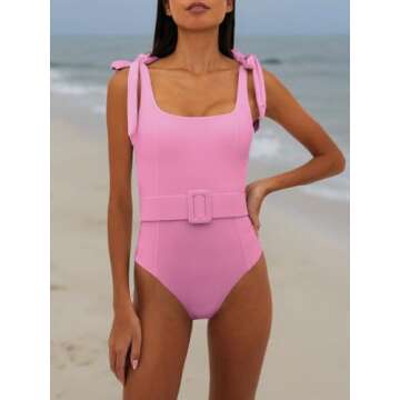 Saodimallsu Womens Sexy One Piece Bathing Suit High Cut Knit Square Neck Tied Strappy Swimsuit with Belt Pink